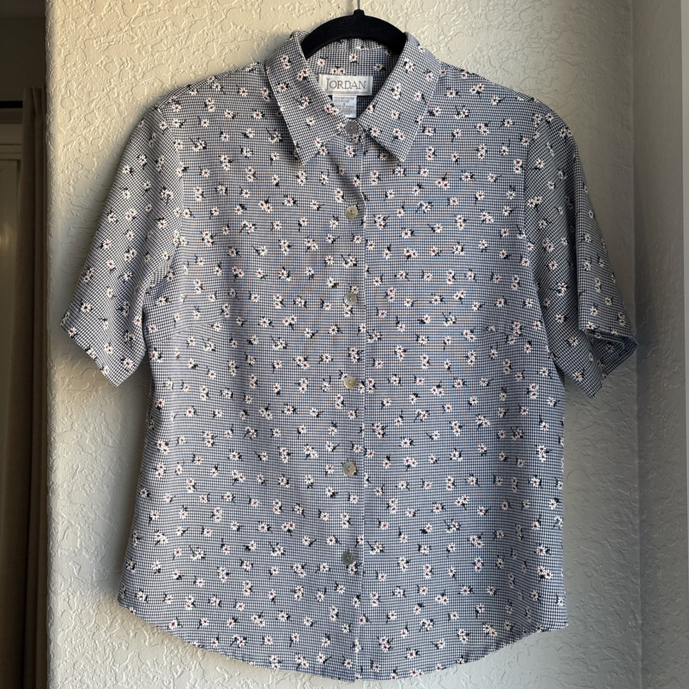 Womens Vintage S‎ Floral Shirt Short Sleeve Button Down Gingham Black White 90s